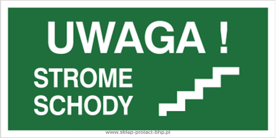 Uwaga! Strome schody prawostronne - Znak ewakuacyjny - AC024